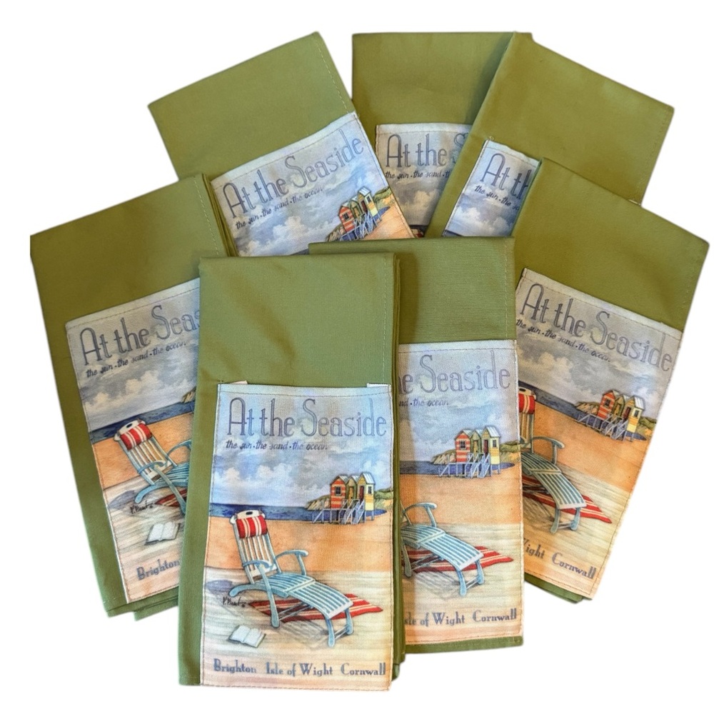 At the Seaside Brighton Beach Canada Green Dinner Lunch Napkins Set w pocket